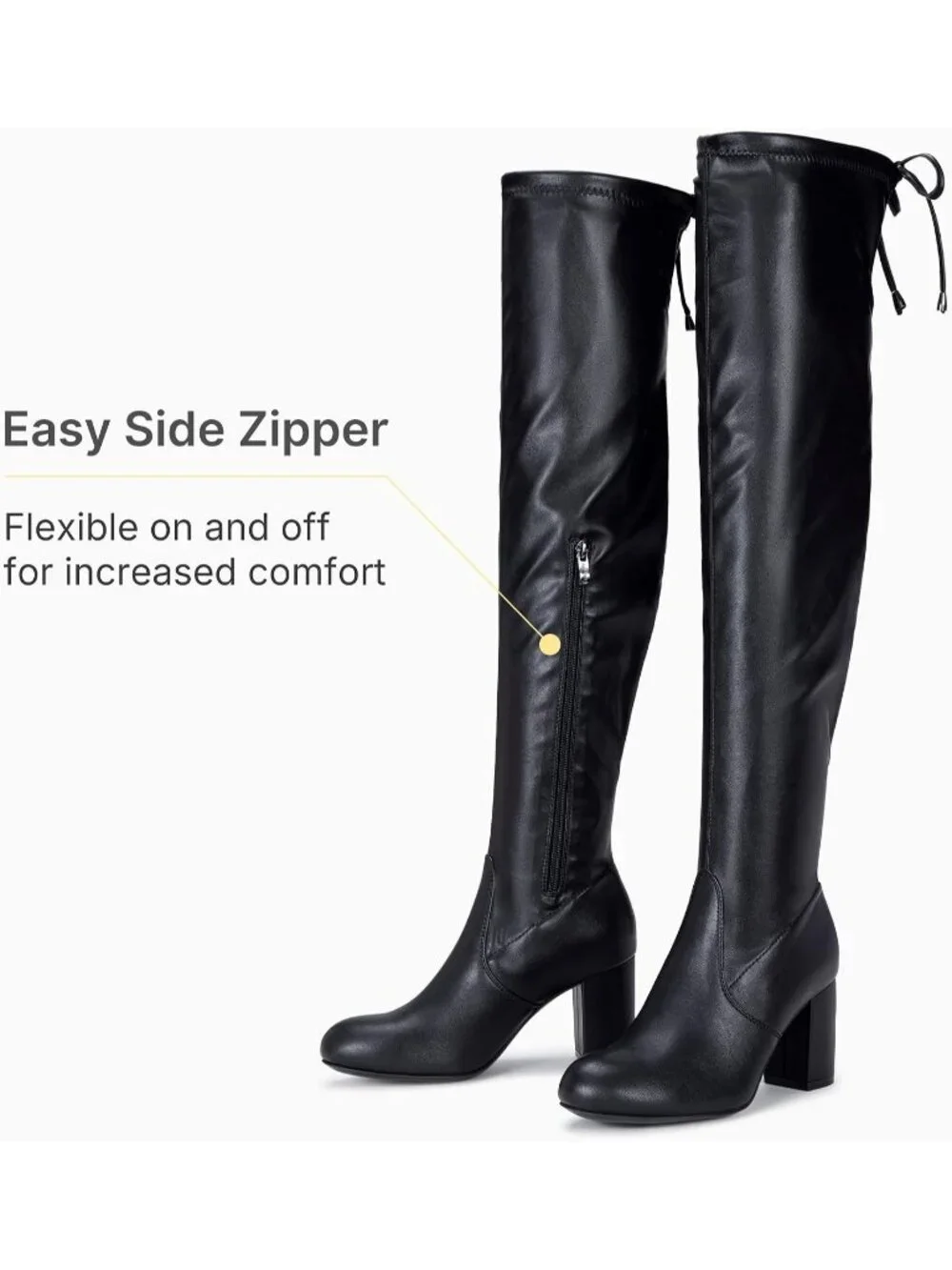 Women's Black Pu Chunky Heel Round Toe Side Zipper Over The Knee Thigh High Boot